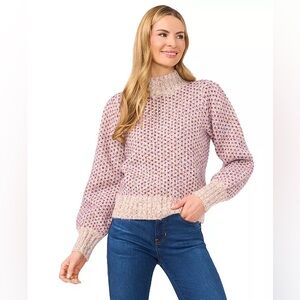 NWT- CeCe Women's Marled Blouson Sleeve Jacquard Knit Mock Neck Sweater Small